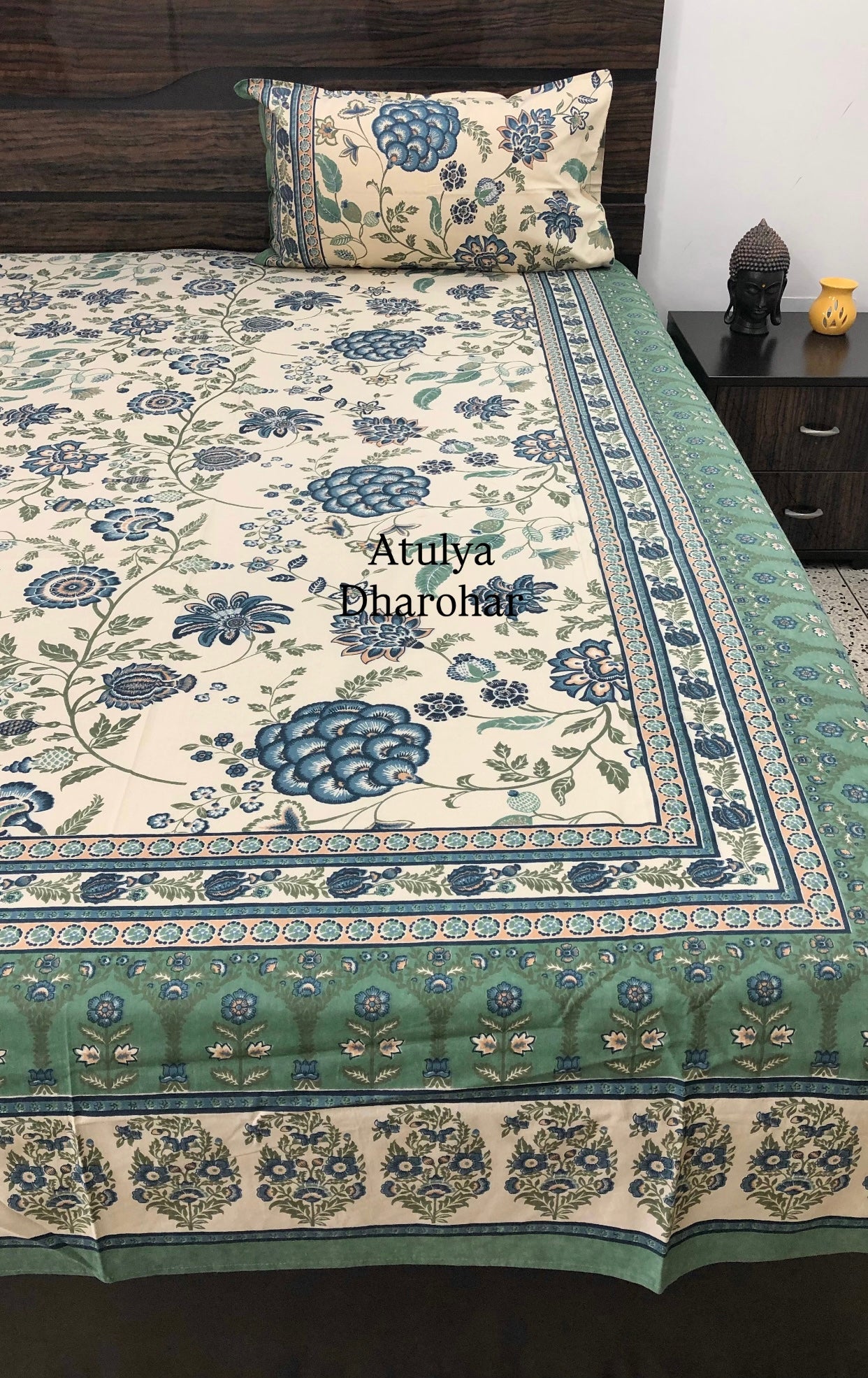 Blue and Green Floral Jaal Super King Cotton Bedsheet