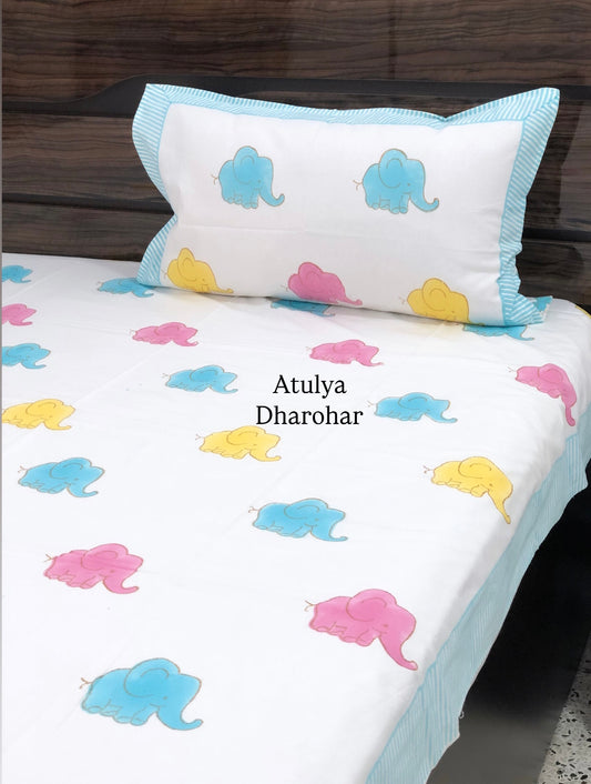 Colourful Elephants Kids Hand Block Printed Single Bedsheet