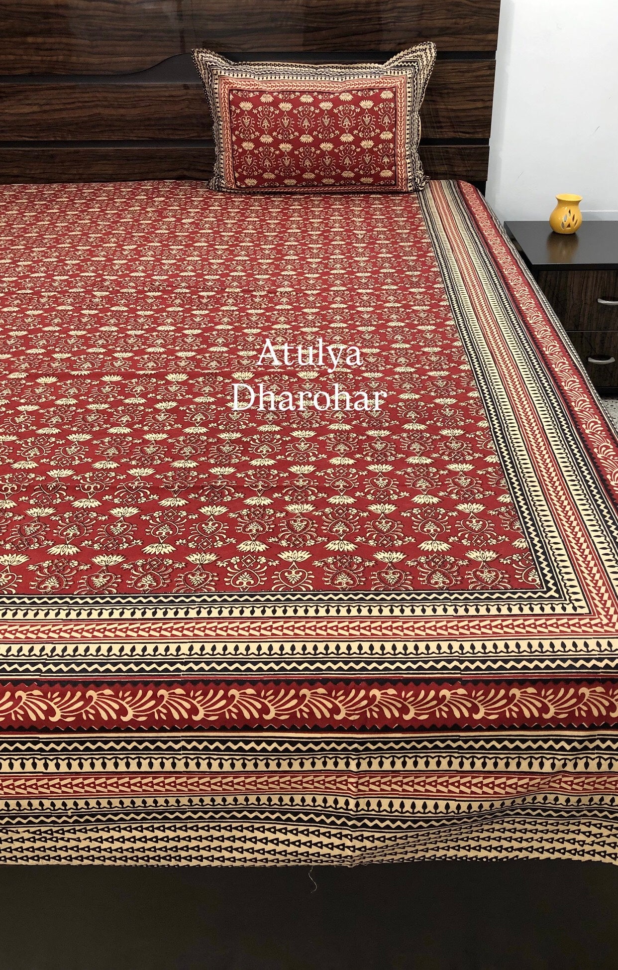 Maroon Cotton Kalamkari King Size Bedsheet