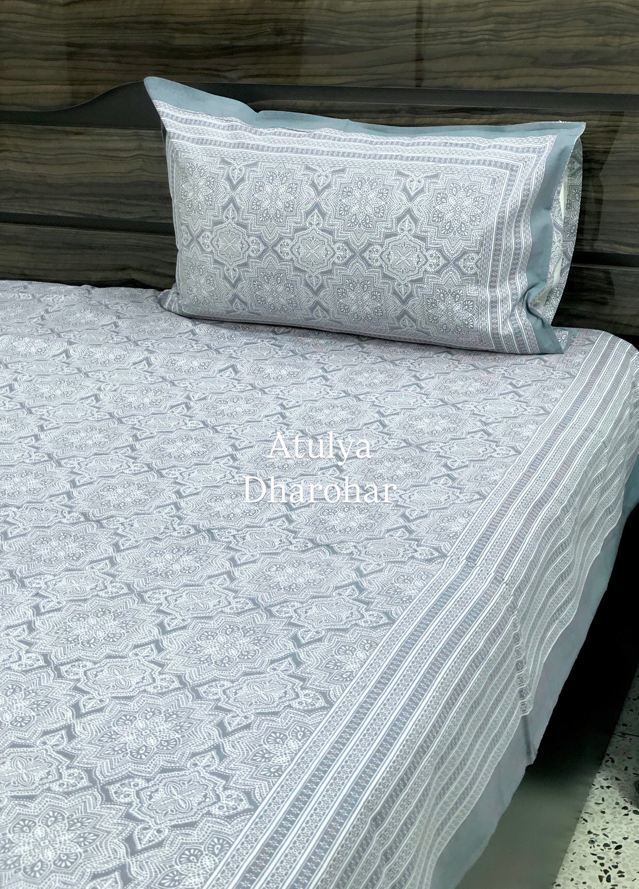 Bluish Grey Mughal Jaal Cotton King Size Bedsheet