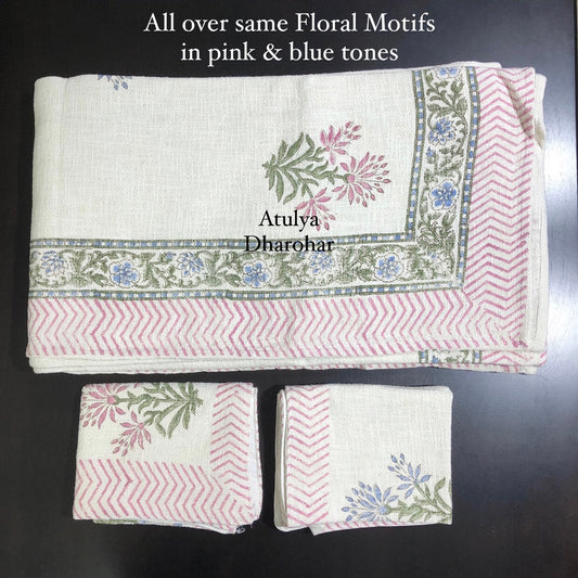 Pink and Blue Floral Hand Block Jute Cotton Bedcover