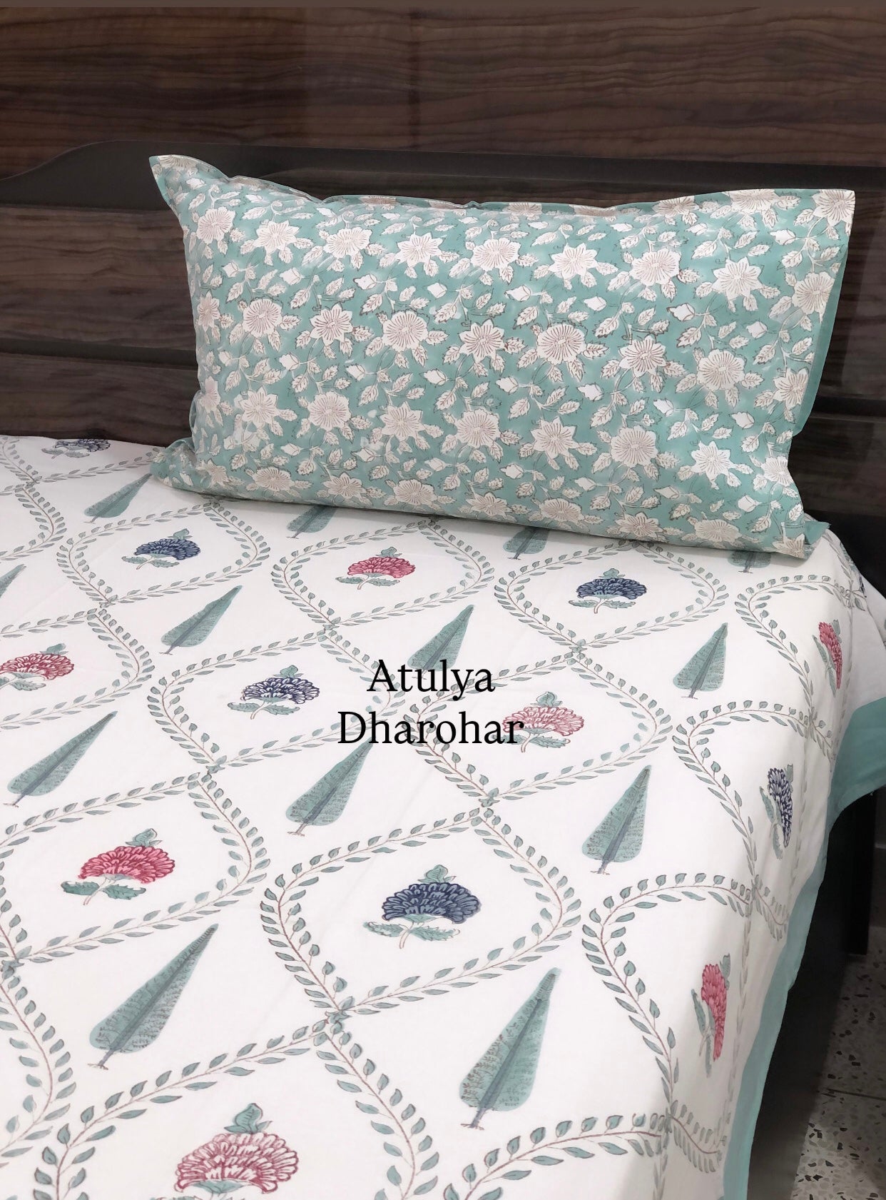 Multicolour Floral Mughal Jaal Hand Block Super King Bedsheet