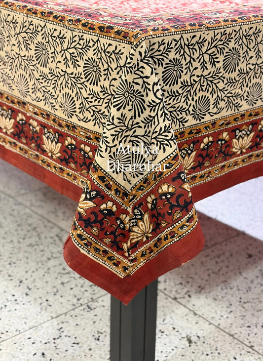 Maroon Kalamkari Hand Block Dining Table Cover