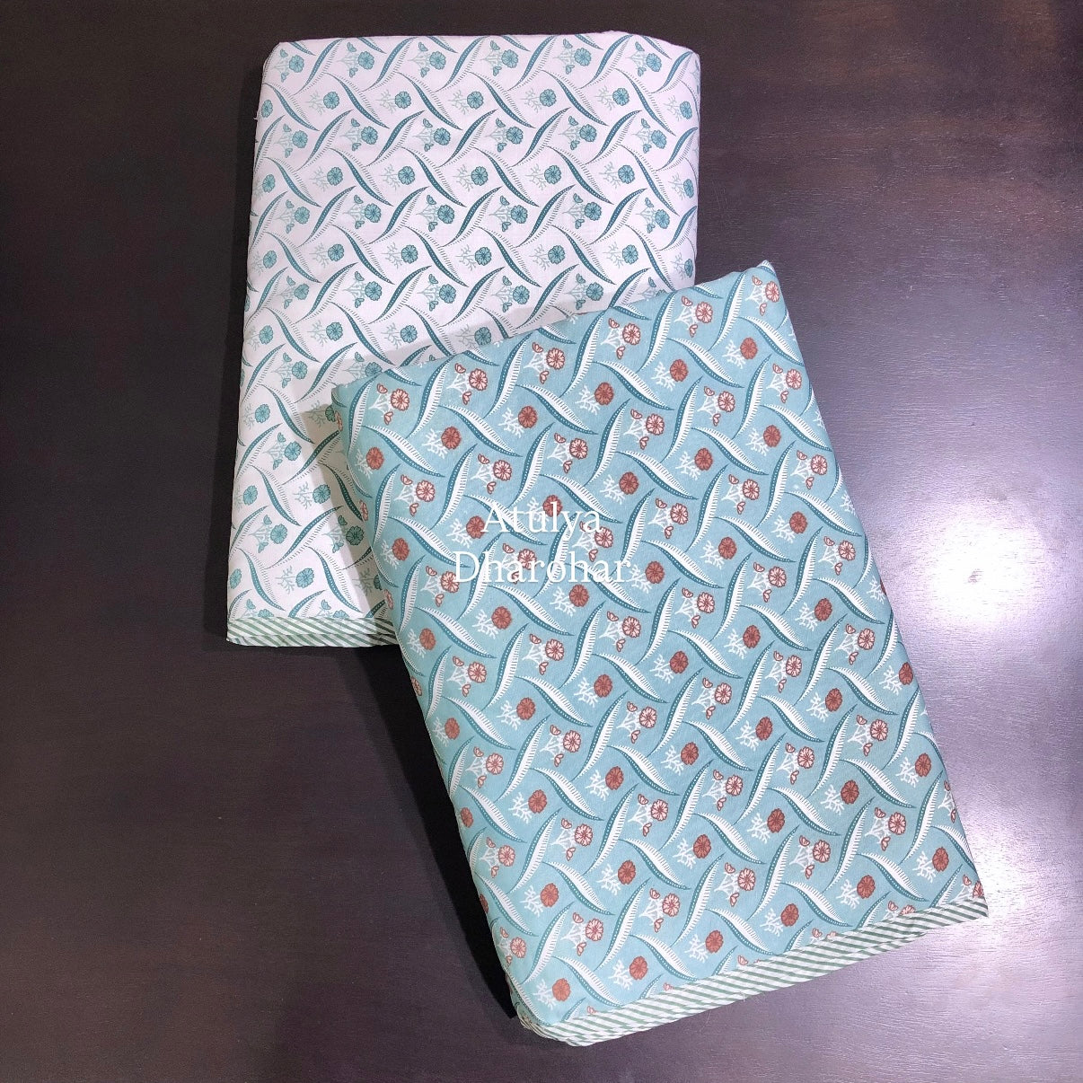 Turquoise Blue Floral Motifs Cambric Cotton Single Dohar Pair