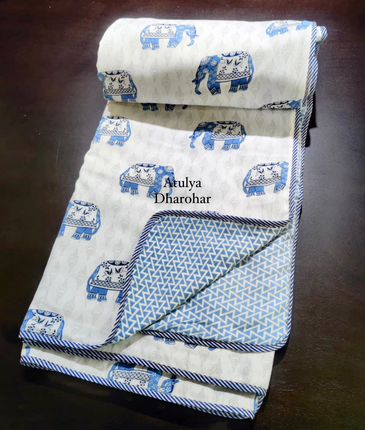 Blue Elephant Motifs Cotton Double Bed Dohar