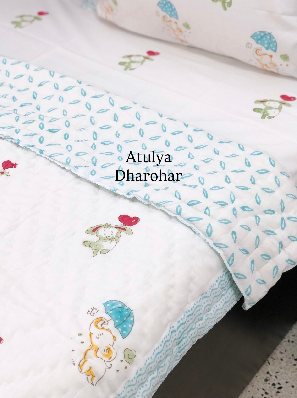 Elephant and Rabbit Baby Hand Block Printed Quilt
