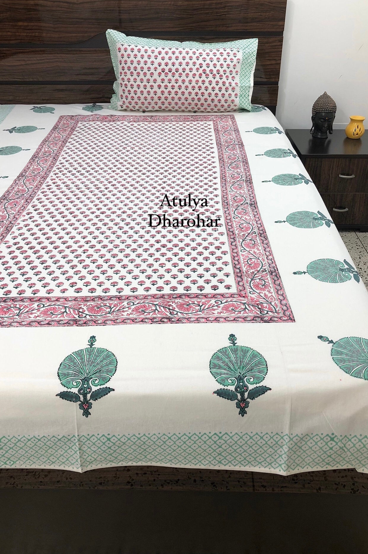 Pink Floral Motifs Hand Block Printed Single Bedsheet