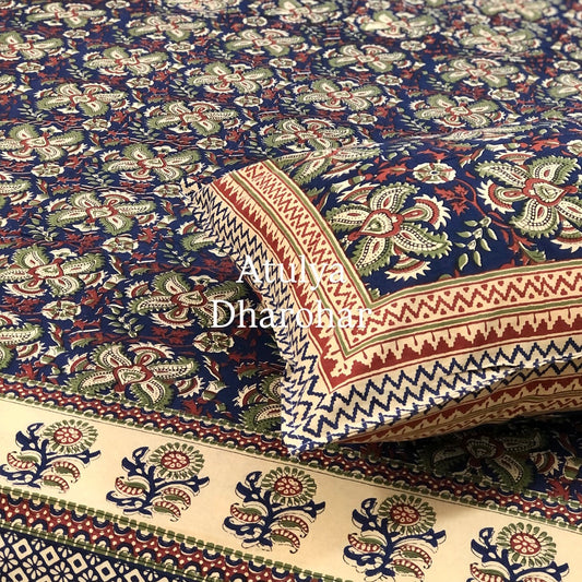 Indigo Kalamkari Cotton Super King Bedsheet
