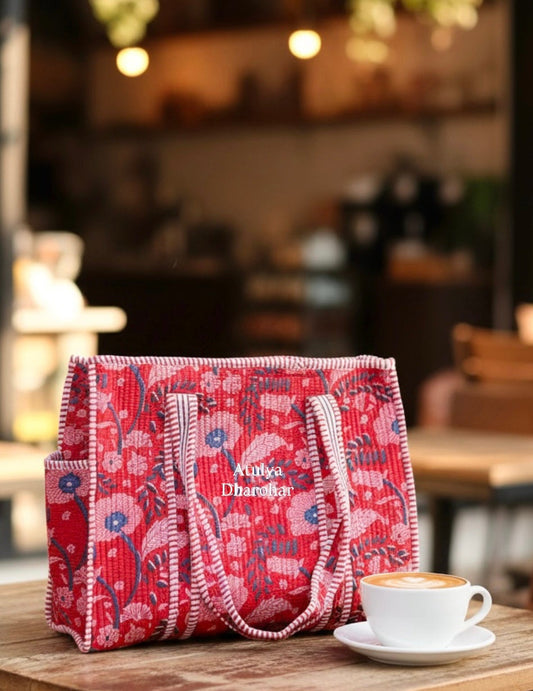 Red and Blue Floral Medium Tote Bag with Zip
