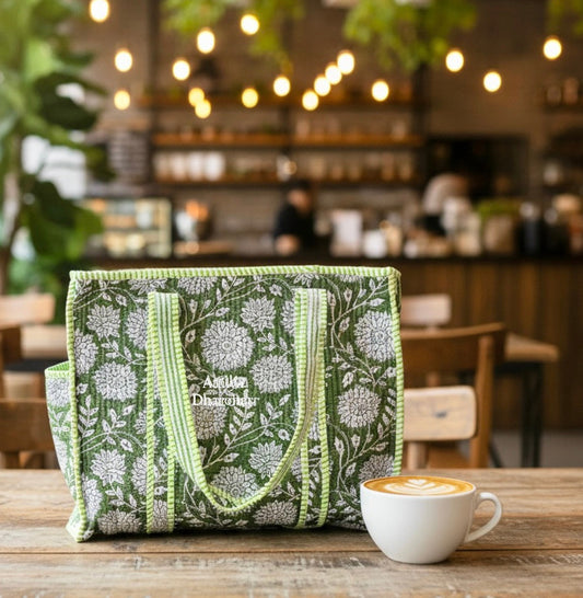 Green Floral Medium Tote Bag with Zip