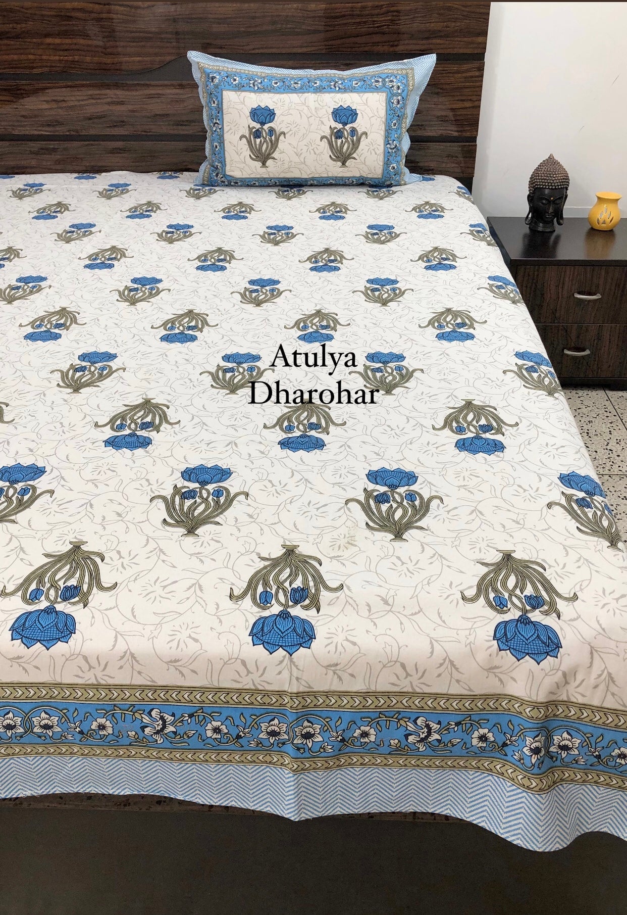 Blue Floral Motifs Cotton Bedsheet