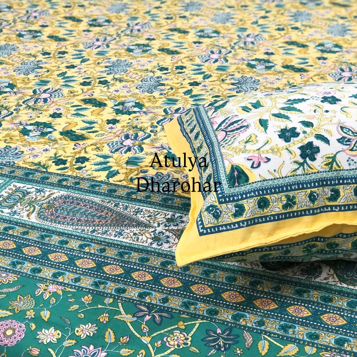 Yellow & Green Floral Jaal Cotton Super King Bedsheet