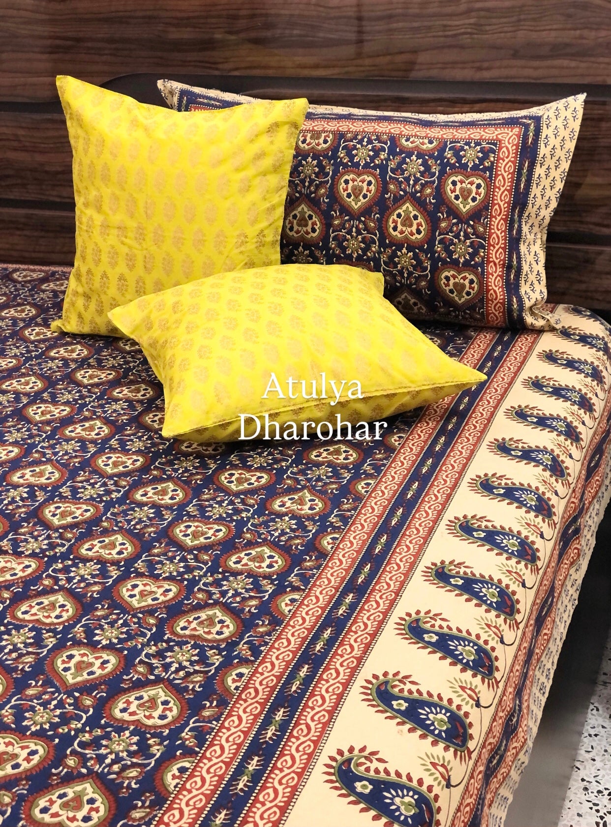 Indigo and Maroon Cotton Kalamkari Super King Bedsheet