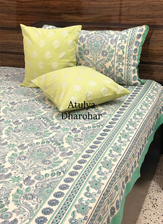 Blue and Green Mughal Jaal Cotton Super King Bedsheet
