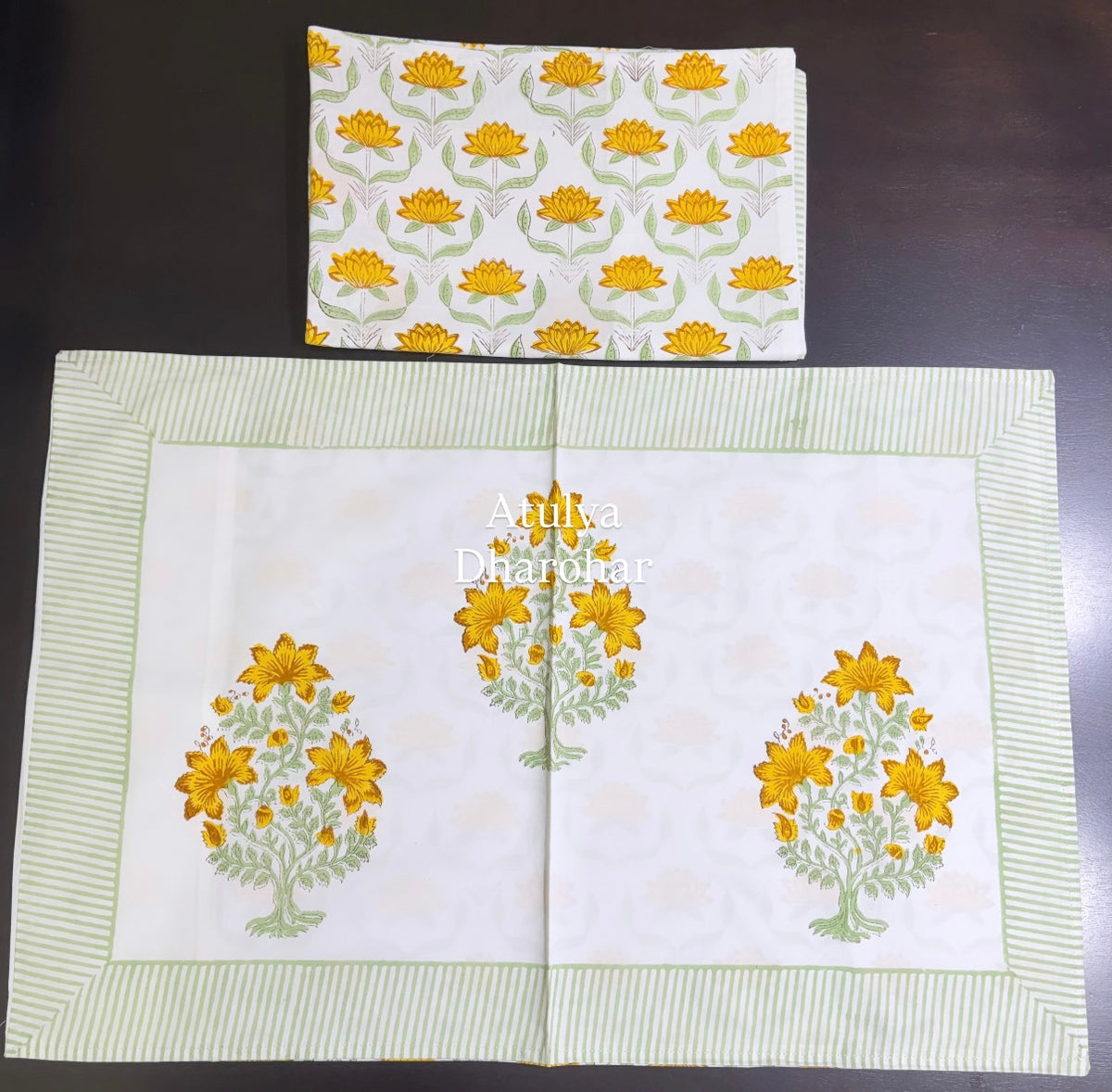 Yellow Floral Mughal Jaal Percale Cotton Hand Block Printed Super King Bedsheet