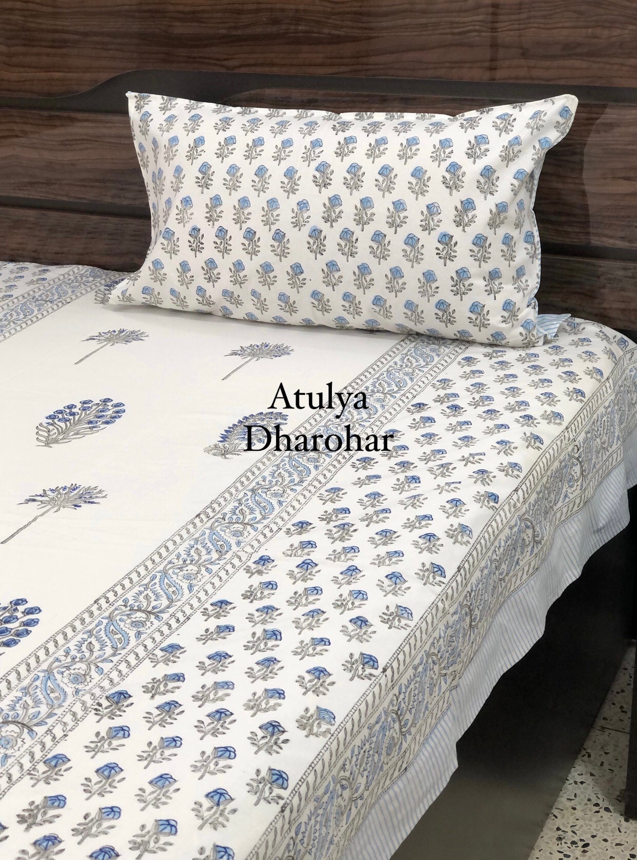 Blue Floral Motifs Hand Block Printed Super King Bedsheet