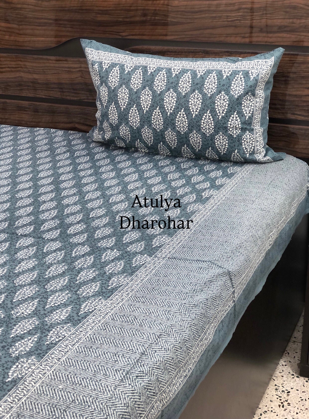 Bluish Grey Butti Cotton King Size Bedsheet