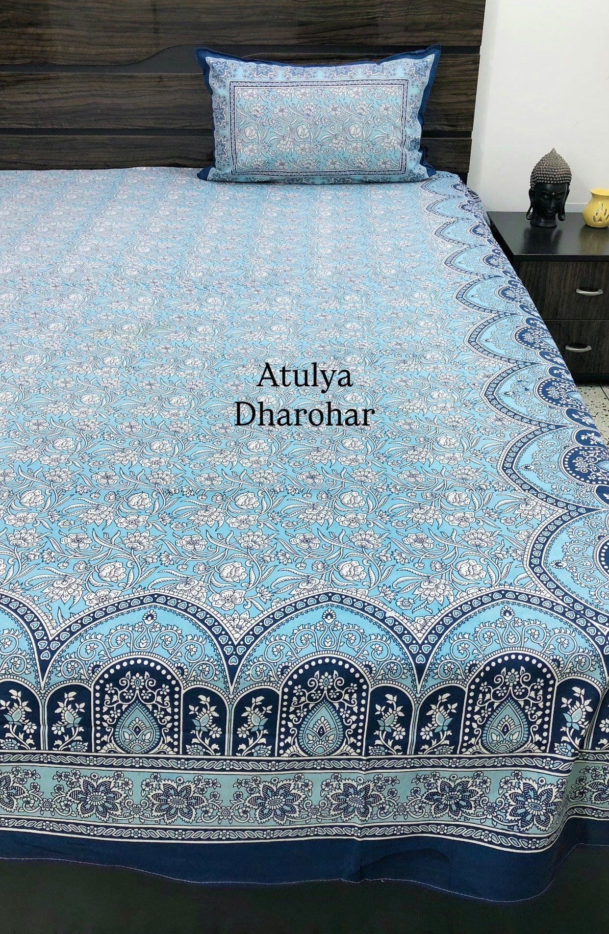 Blue Floral Jaal Cotton King Size Bedsheet