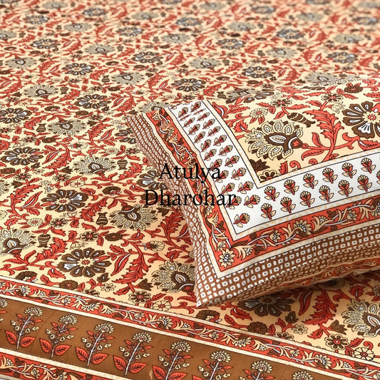 Rust and Green Floral Jaal Cotton King Size Bedsheet