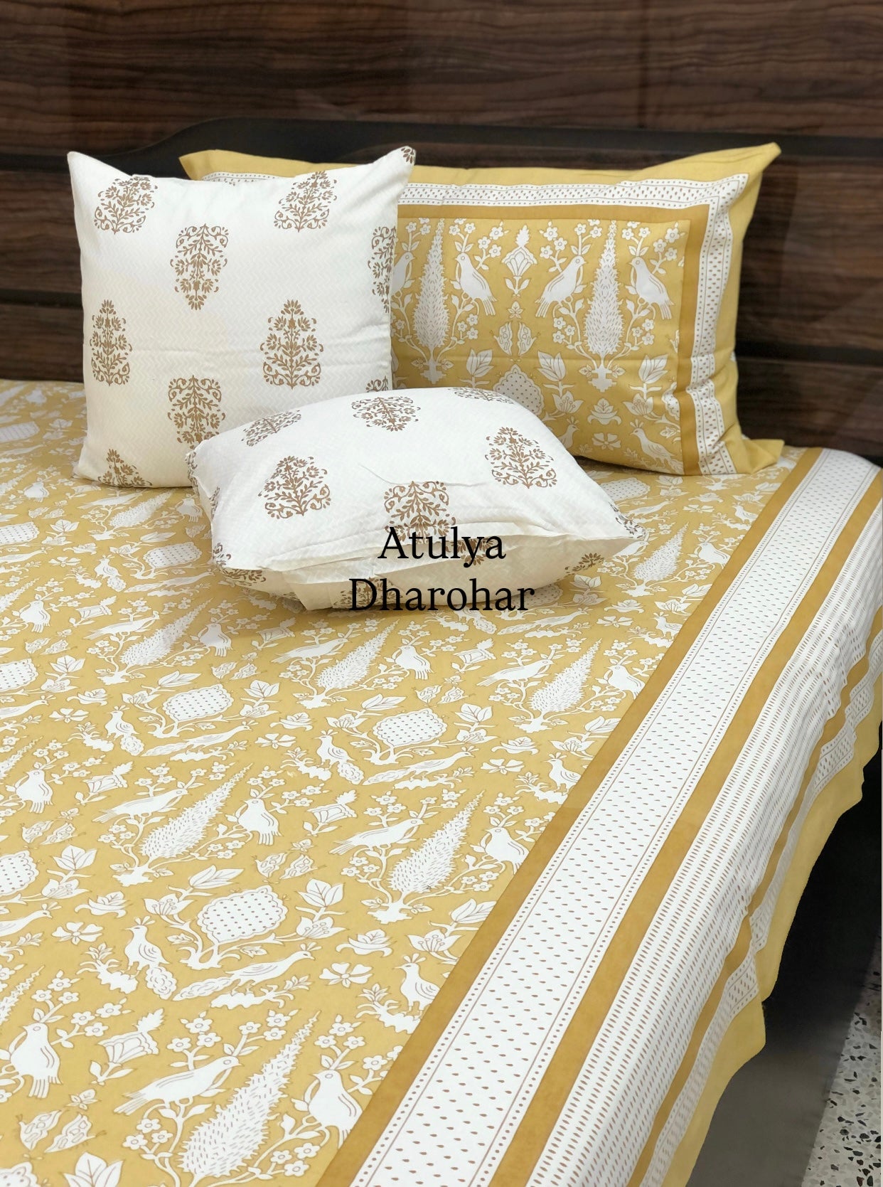 Yellow Floral and Bird Motifs Cotton King Size Bedsheet