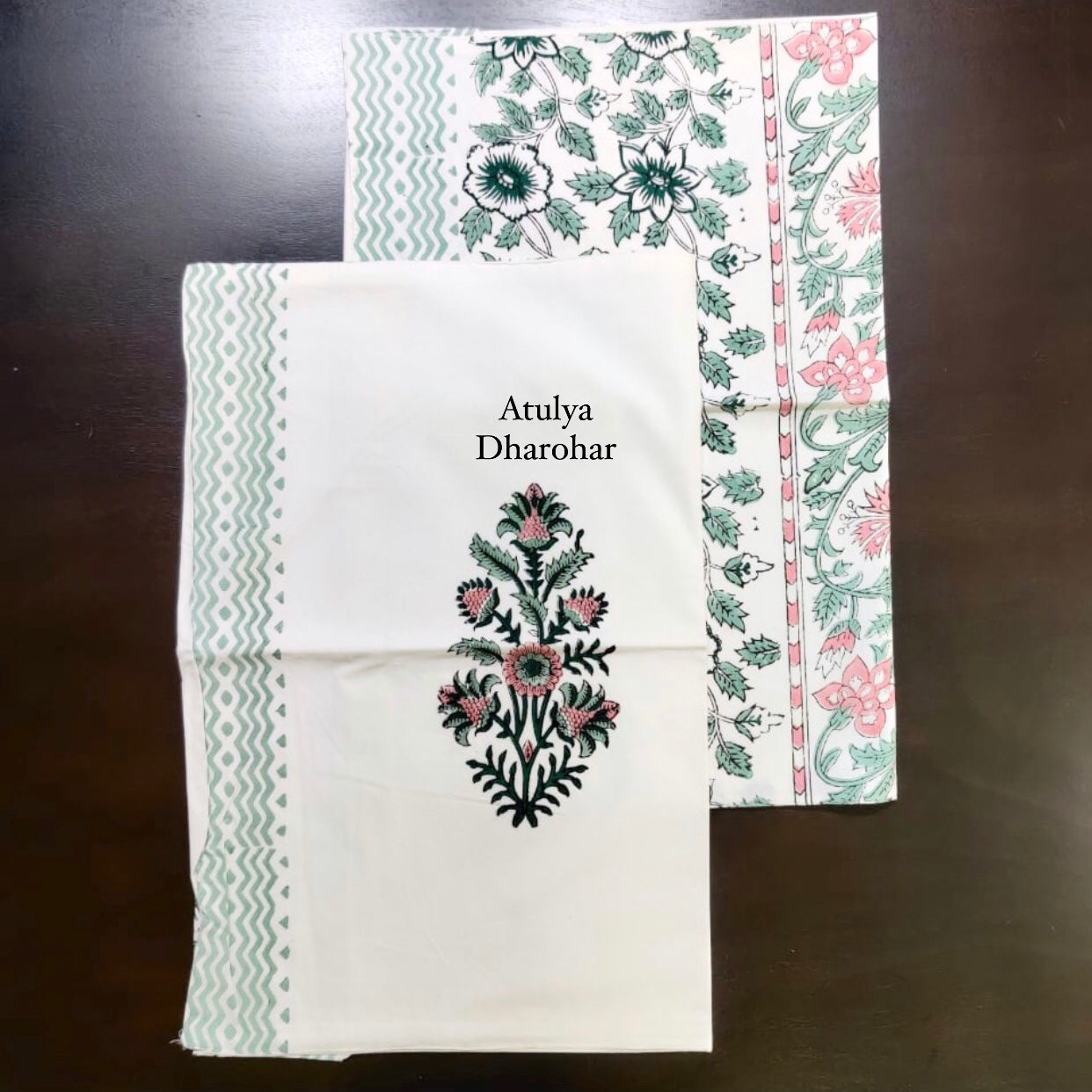 Green and Pink Floral Percale Cotton Hand Block Printed Pillow Covers