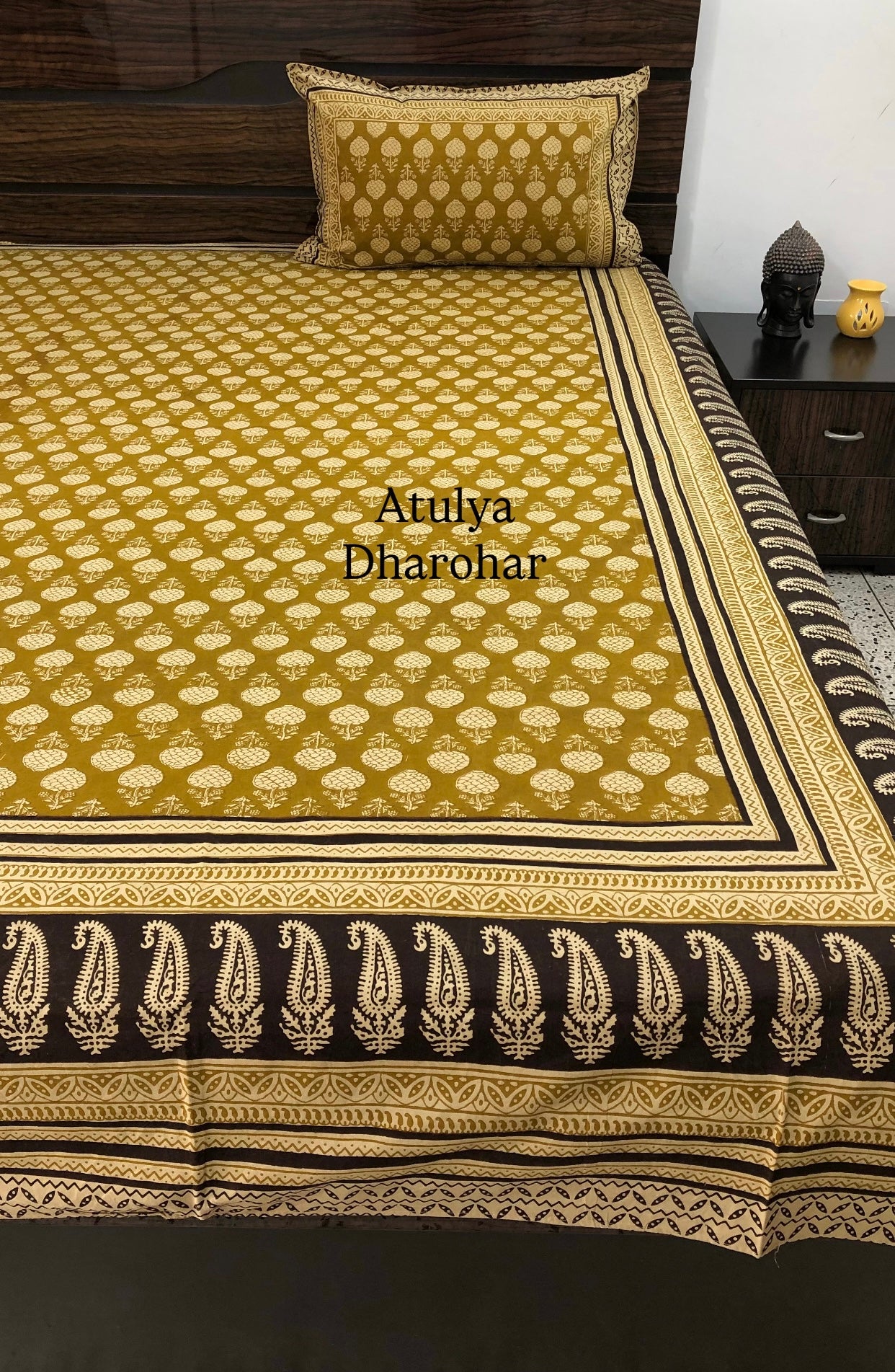 Greenish Mustard Cotton Kalamkari Super King Bedsheet