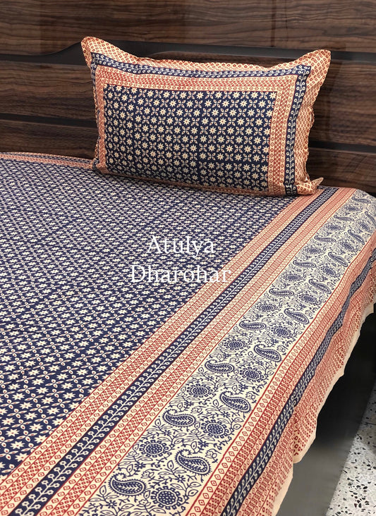 Indigo Kalamkari Cotton King Size Bedsheet