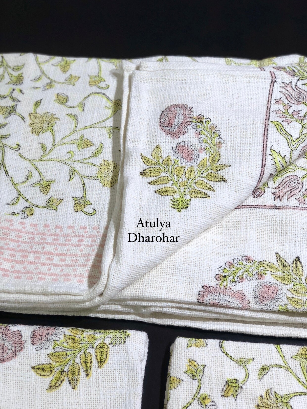 Green and Pink Floral Jaal with Mughal Butta Hand Block Printed Jute Cotton Bedcover
