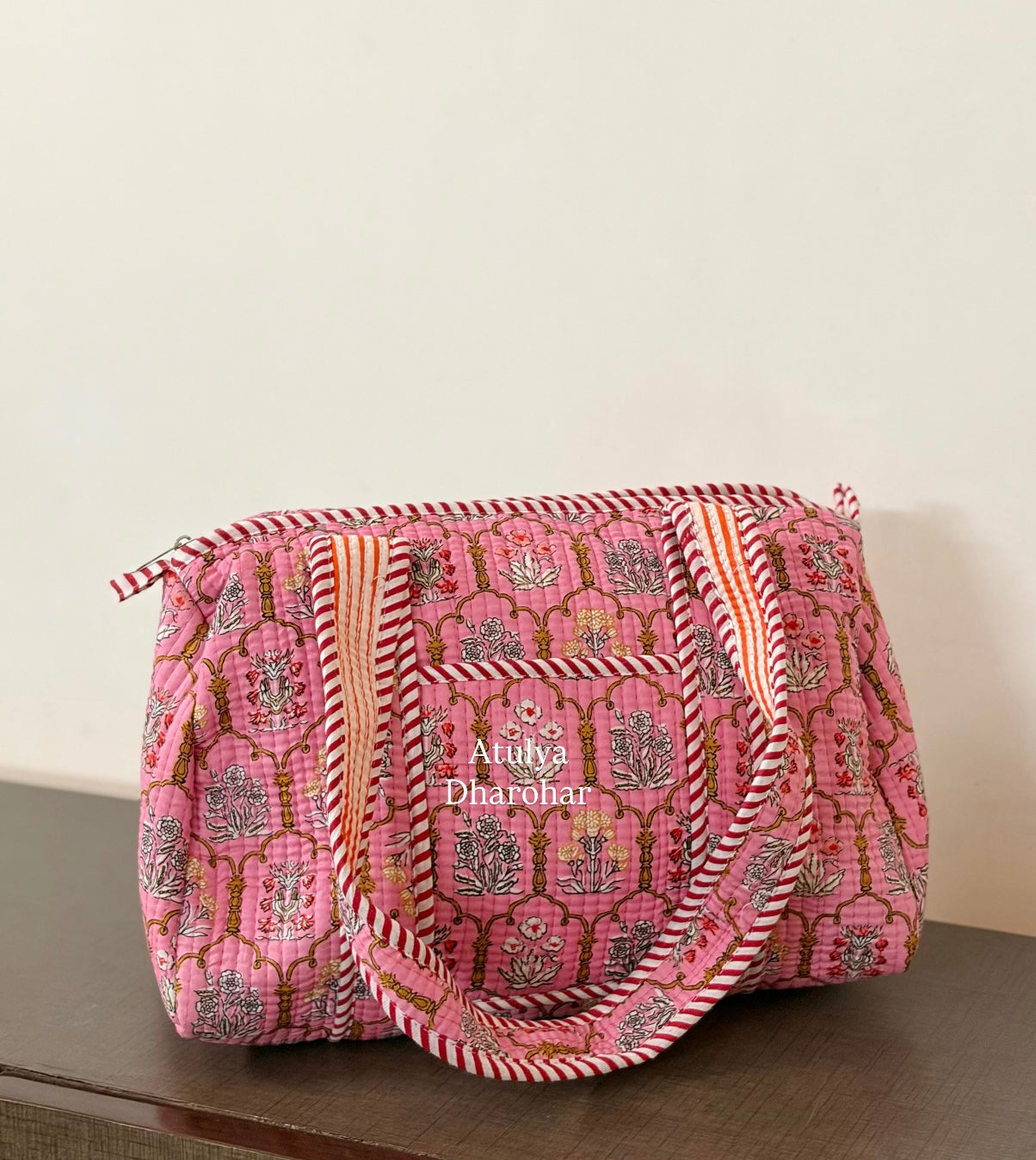 Pink Mughal Jaal Quilted Mini Duffle Bag