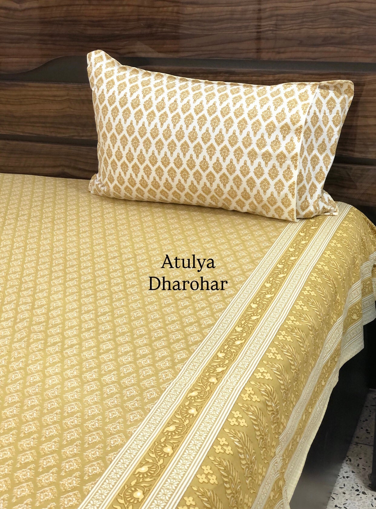Mustard Butti Mulmul Single Dohar Pair with Super King Bedsheet Set