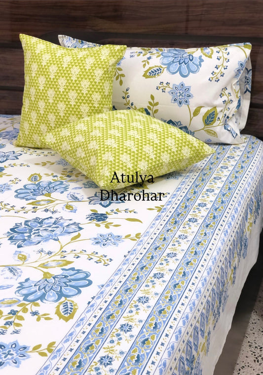 Blue and Green Floral Jaal Cotton Super King Bedsheet