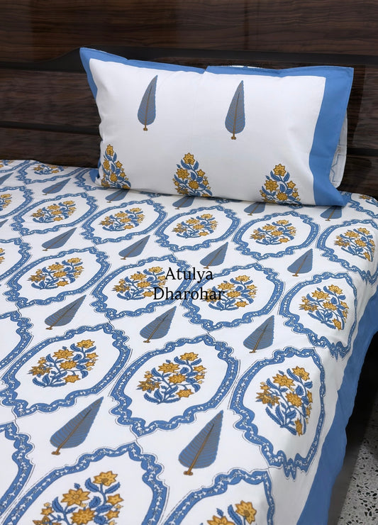 Blue and Yellow Floral Mughal Jaal Cotton Super King Bedsheet