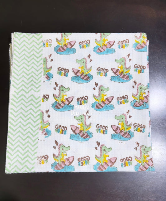 Surfing Croc and Good Vibes Hand Block Printed Waffle Cotton Kids Towel