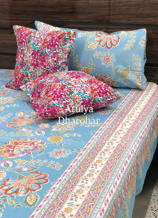 Multicolour Floral Jaal Cotton Super King Bedsheet