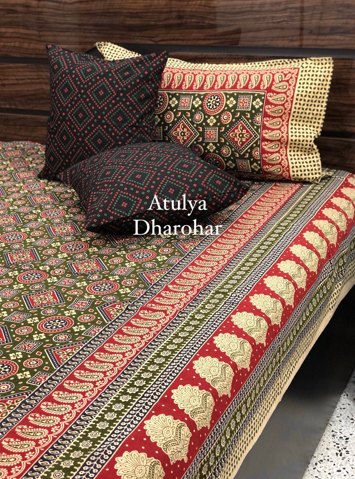 Green and Maroon Ajrakh Super King Cotton Bedsheet