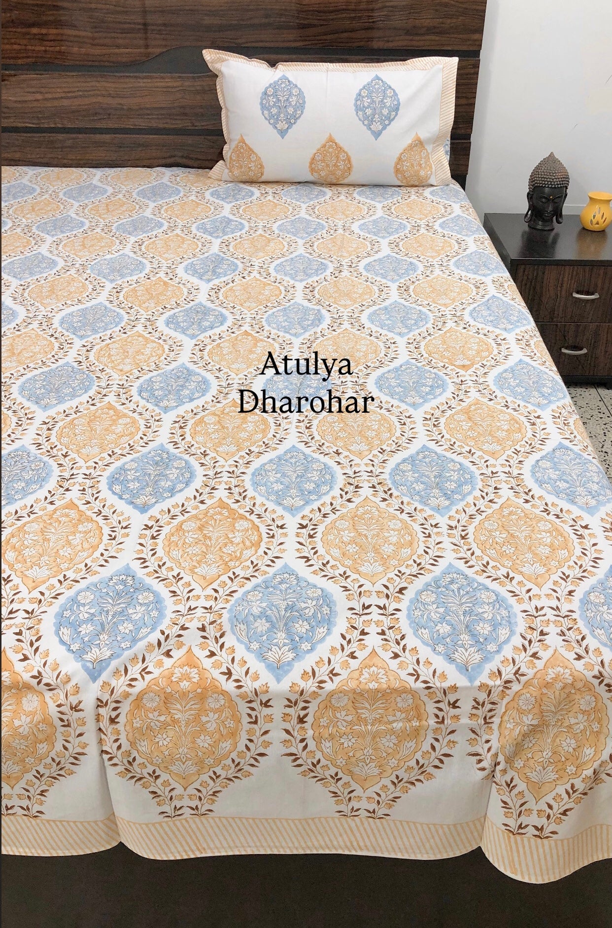 Yellow and Blue Mughal Jaal Hand Block Printed Super King Bedsheet