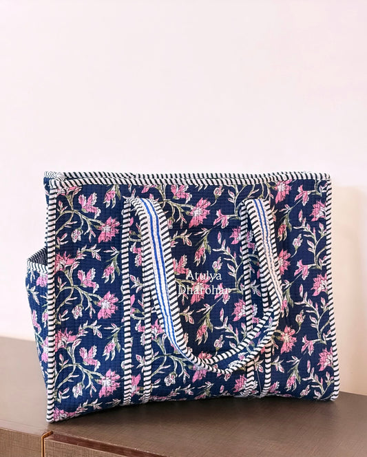 Blue and Pink Floral Medium Tote Bag with Zip