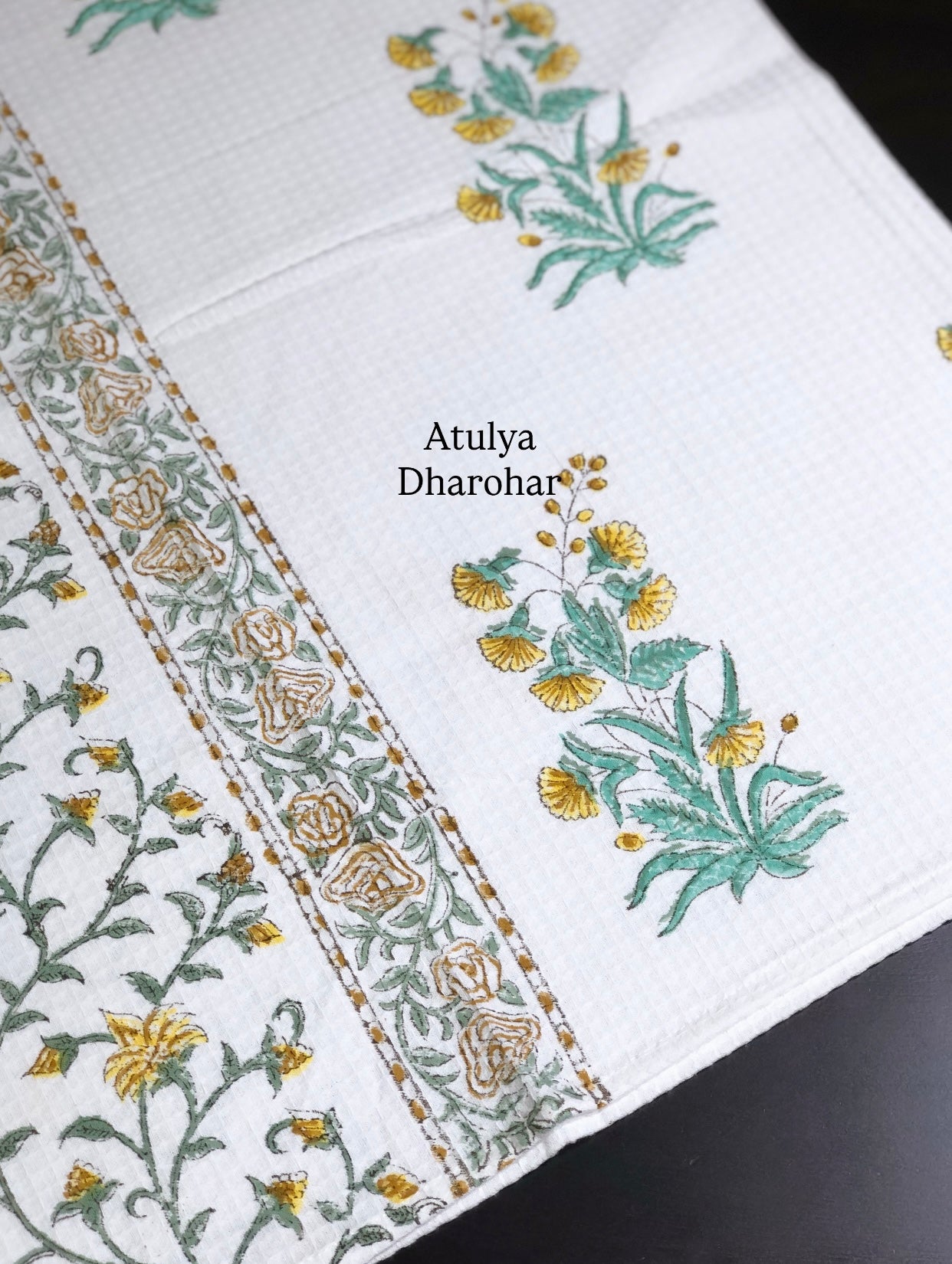 Yellow and Green Floral Motifs Hand Block Printed Waffle Cotton Towel