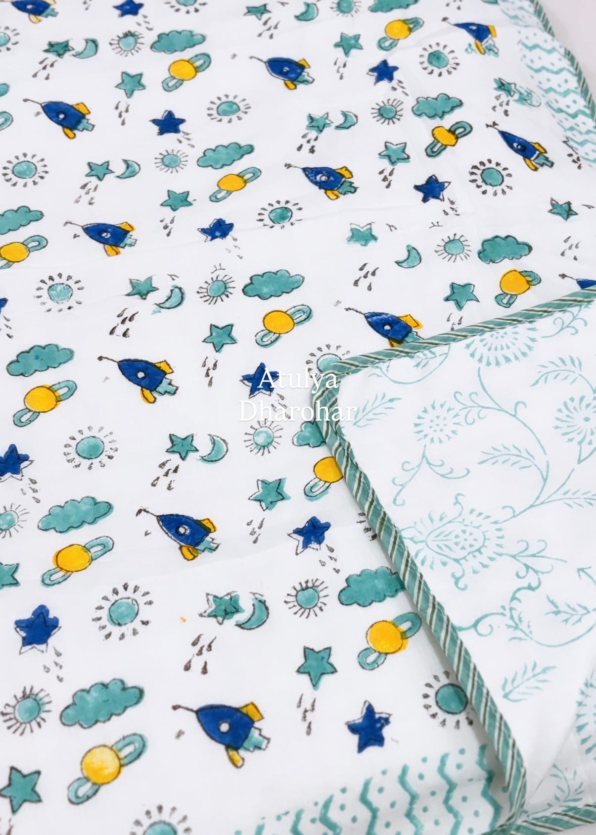 Blue and Yellow Rocket and Galaxy Hand Block Printed Mulmul Baby Dohar