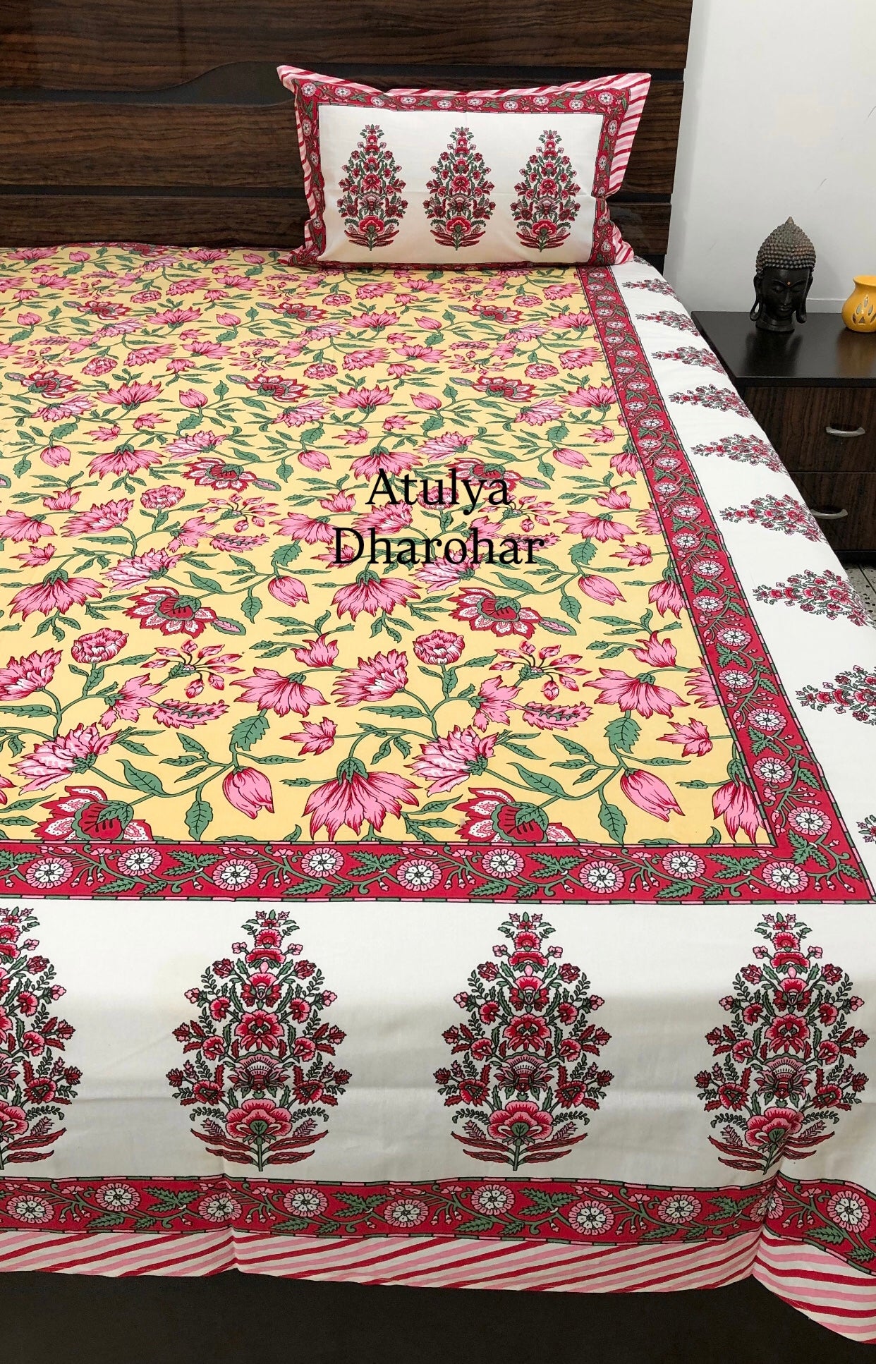 Yellow Floral Jaal Cotton Super King Bedsheet