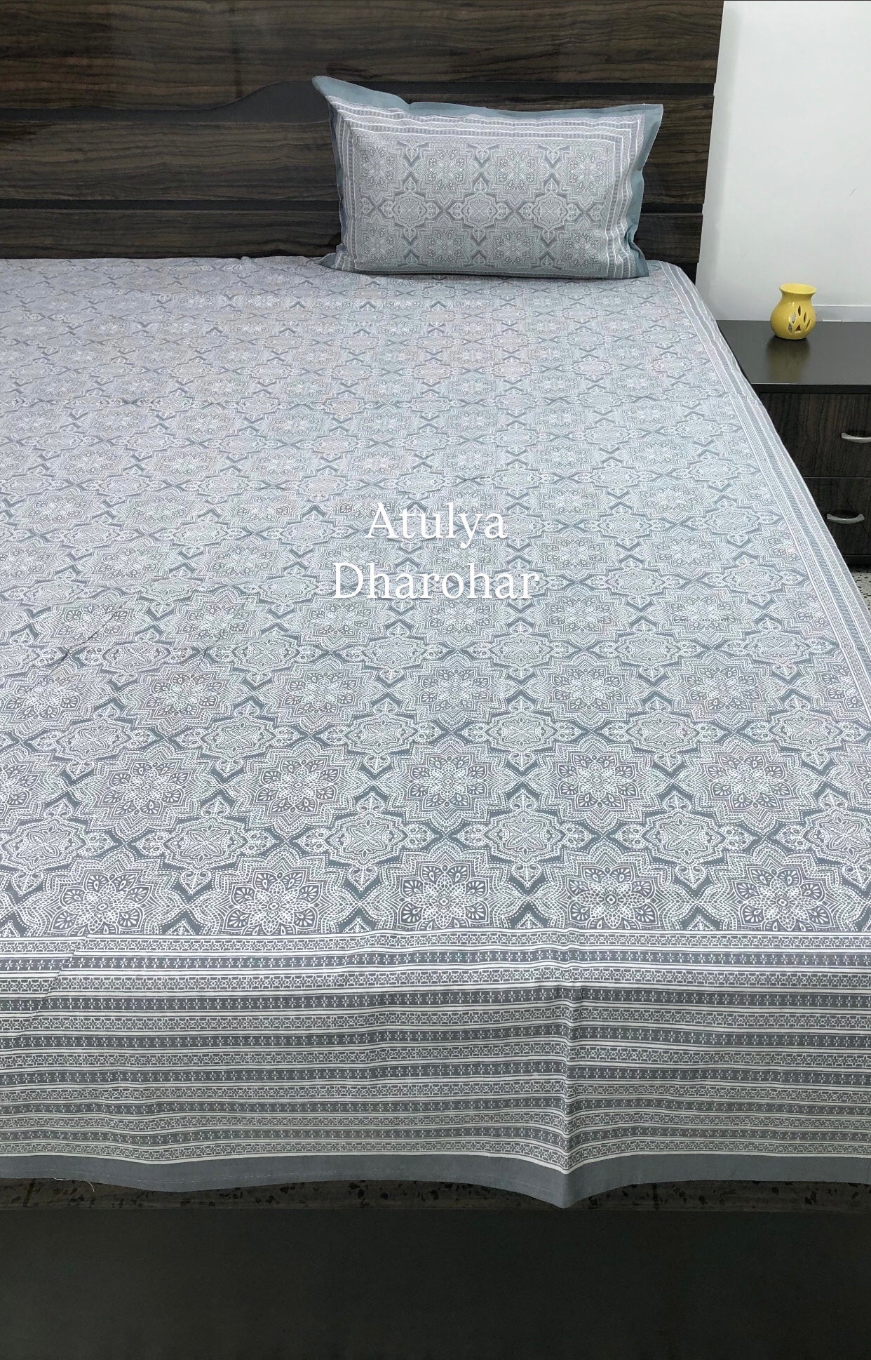 Bluish Grey Mughal Jaal Cotton King Size Bedsheet