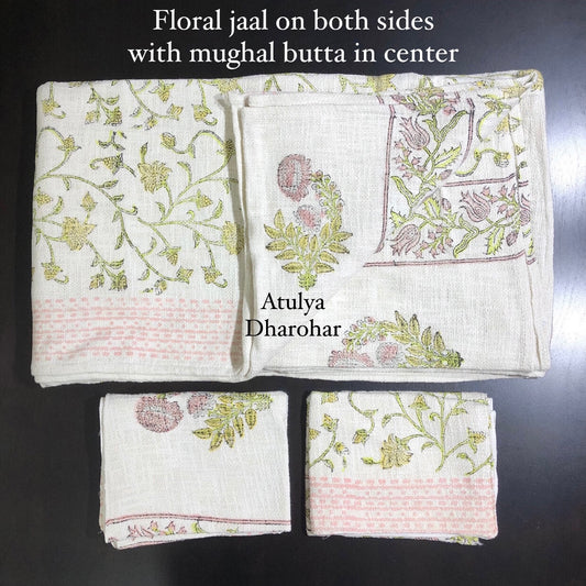 Green and Pink Floral Jaal with Mughal Butta Hand Block Printed Jute Cotton Bedcover