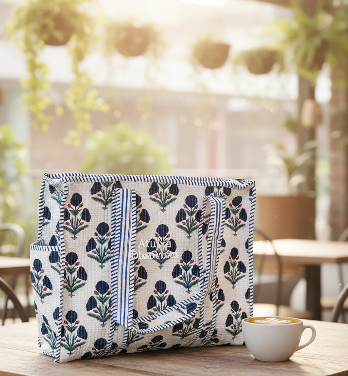 Blue Marigold Medium Tote Bag with Zip