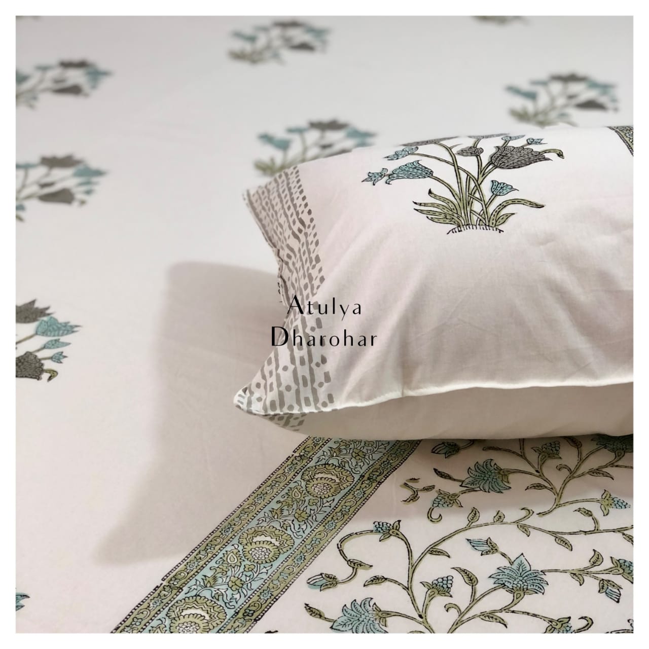 Designer Green and Turquoise Floral Hand Block Super King Bedsheet