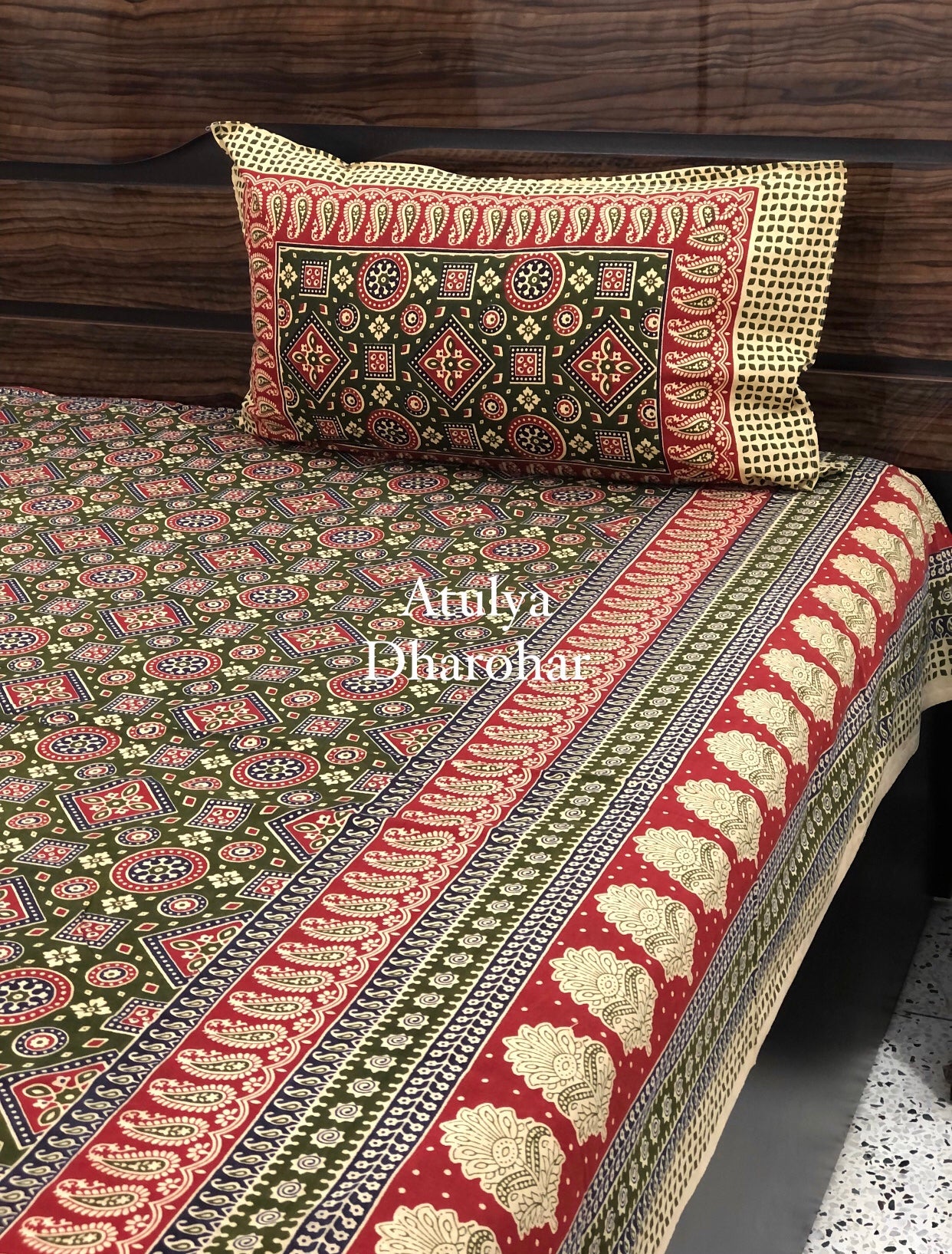 Green and Maroon Ajrakh Super King Cotton Bedsheet