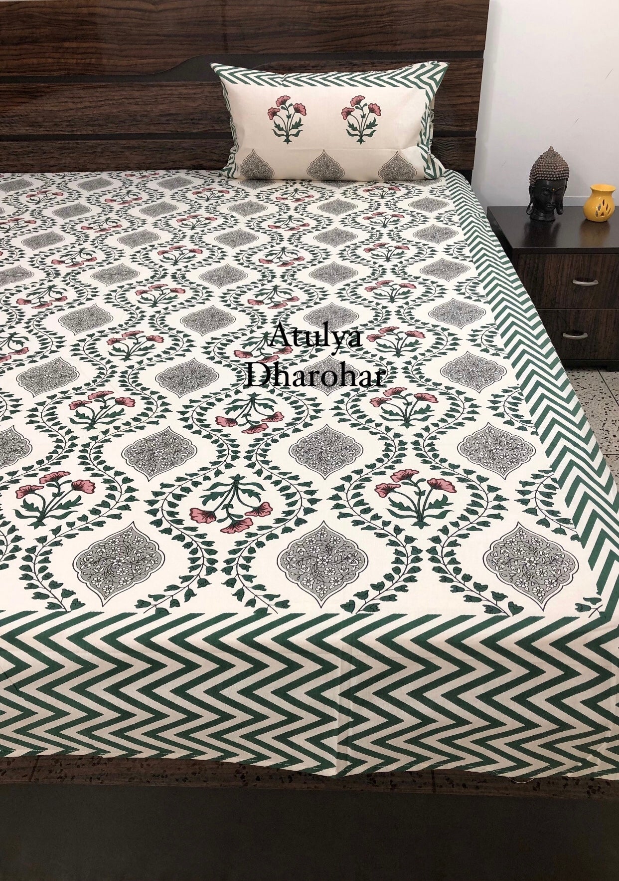 Green Floral Mughal Jaal Bedsheet