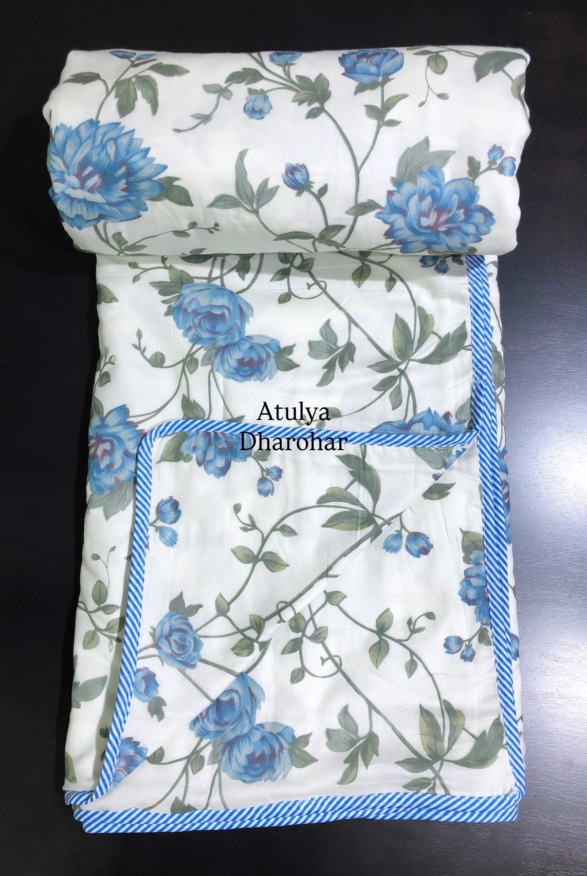 Blue Floral Mulmul Double Bed Dohar