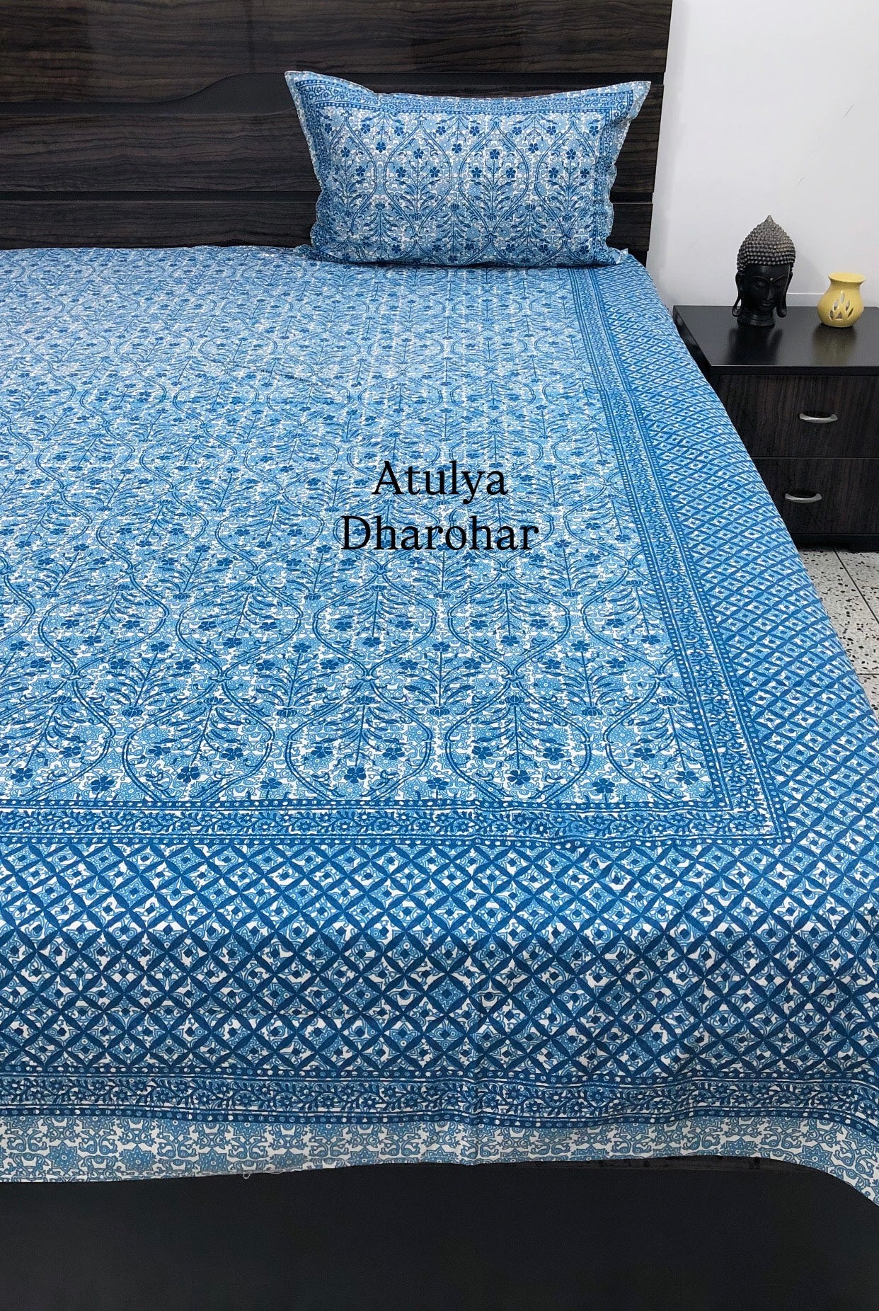 Blue Mughal Jaal Cotton King Size Bedsheet