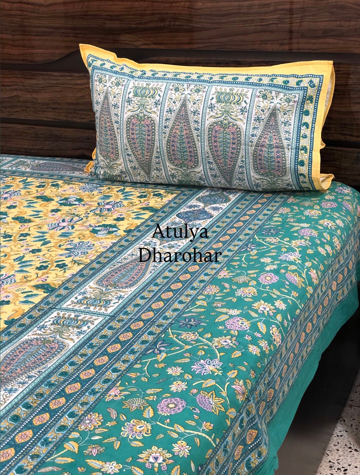Yellow & Green Floral Jaal Cotton Super King Bedsheet