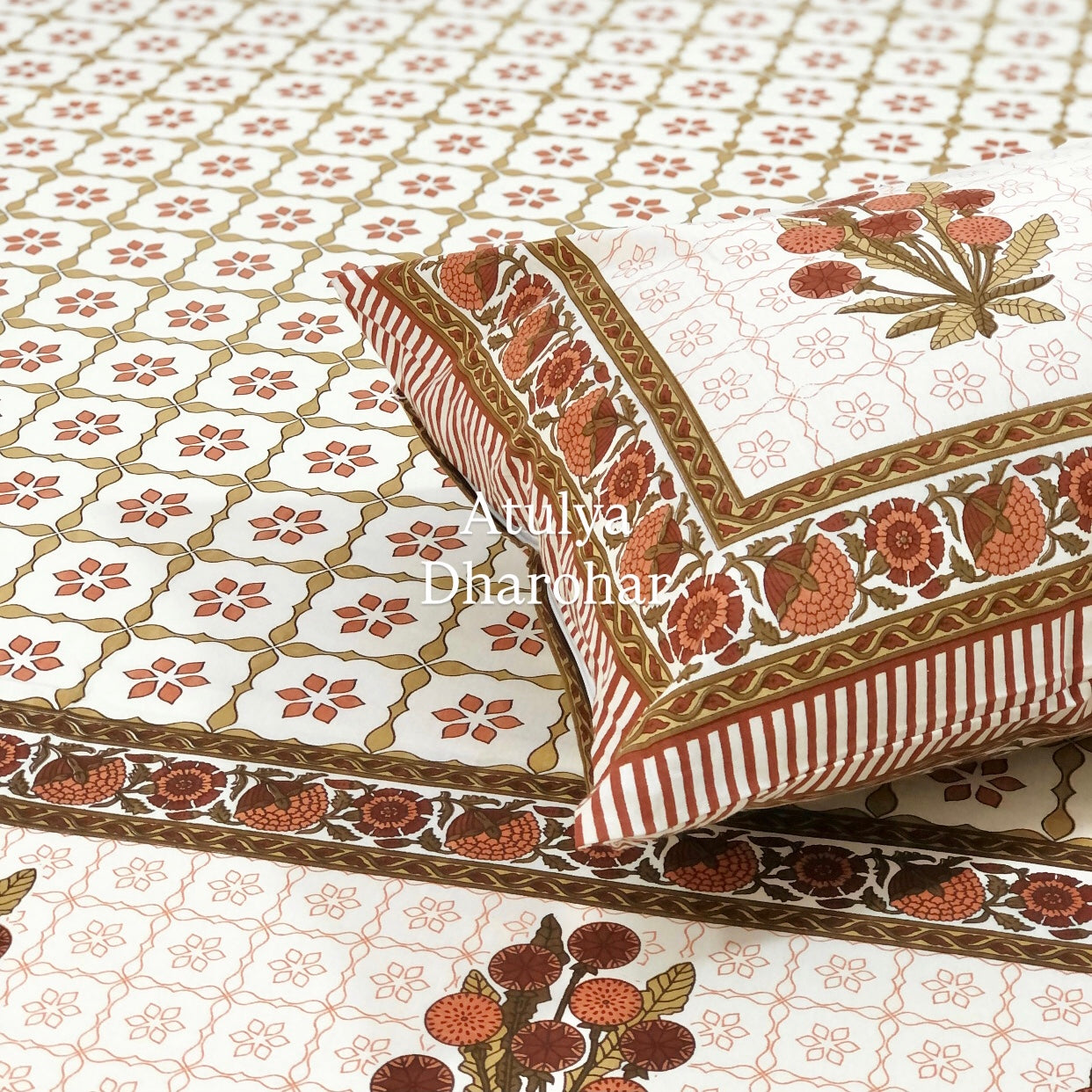 Rust and Green Floral Cotton King Size Bedsheet